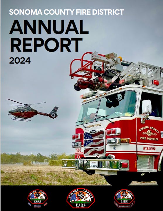 Fire truck and helicopter on the Sonoma County Fire District Annual Report 2024 cover.
