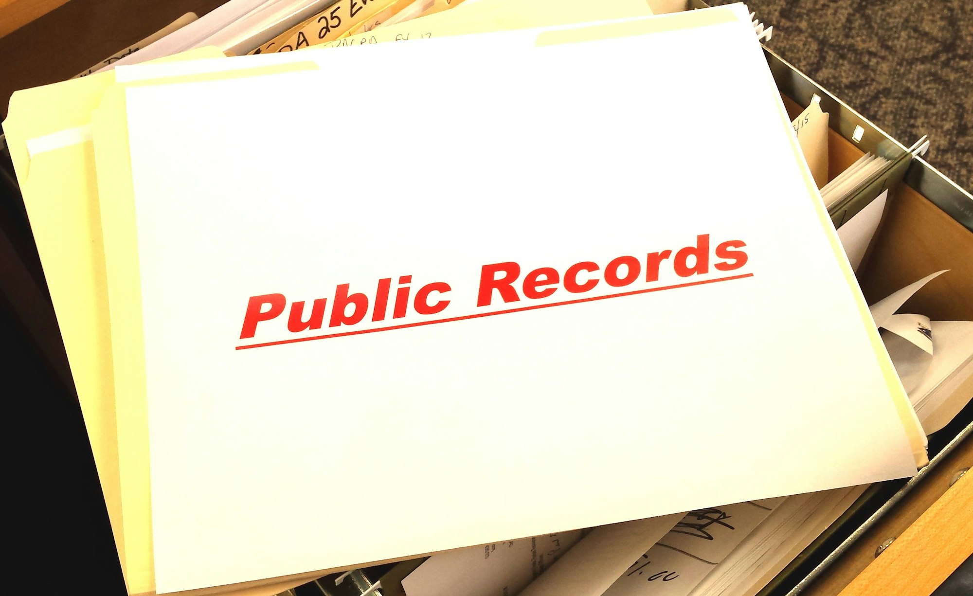 A folder labeled "Public Records" in an open filing drawer.