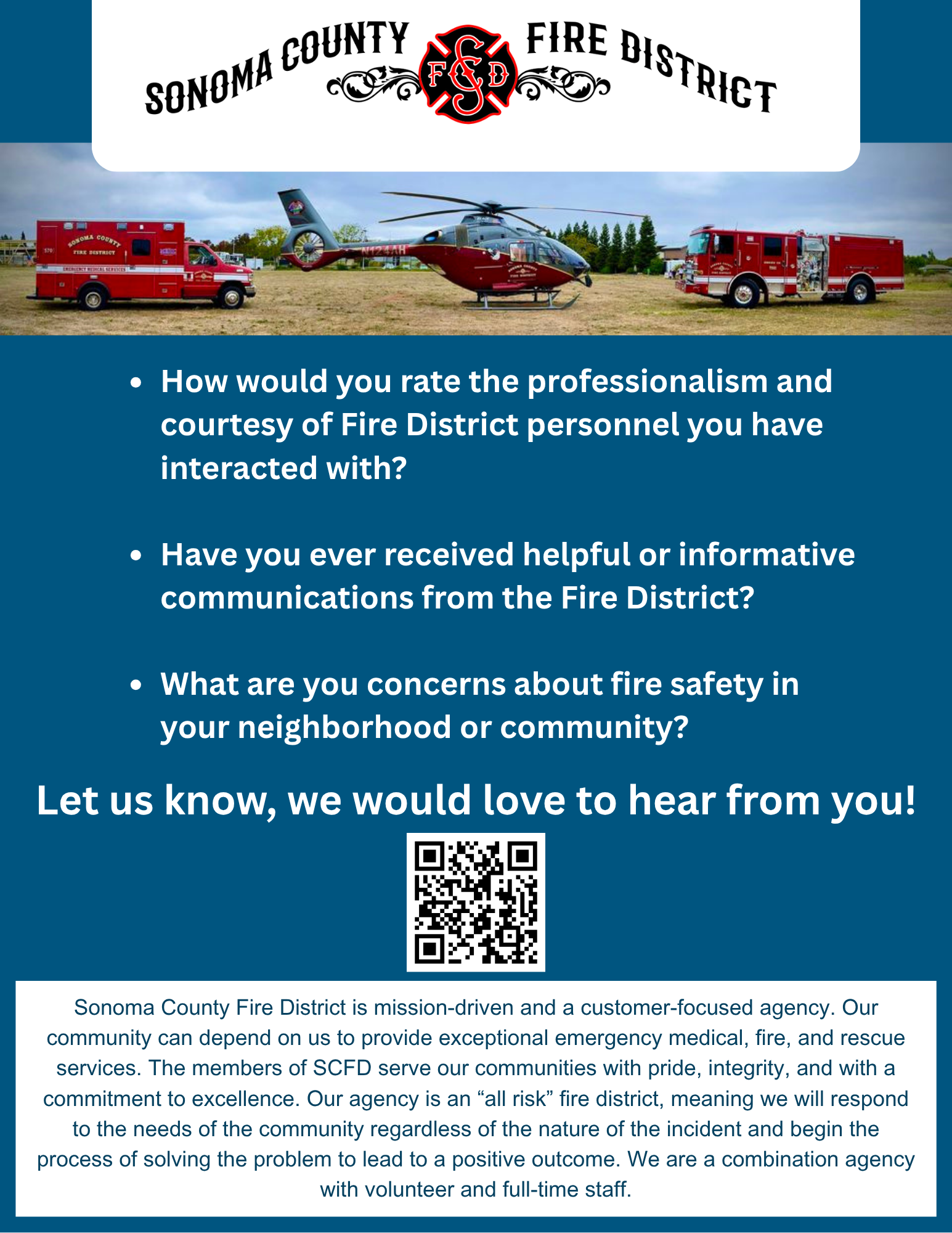 Sonoma County Fire District flyer asks for feedback on professionalism, communications, and fire safety concerns. Includes a QR code.