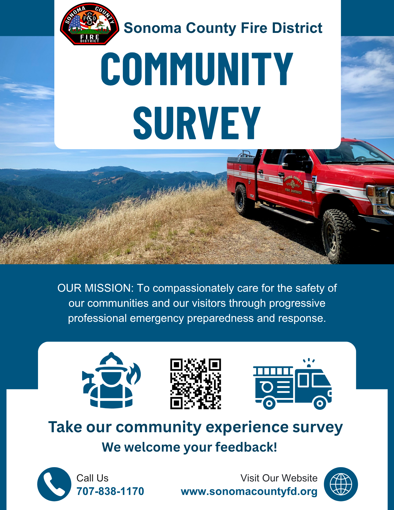 Sonoma County Fire District community survey with mission statement, contact info, and a QR code.