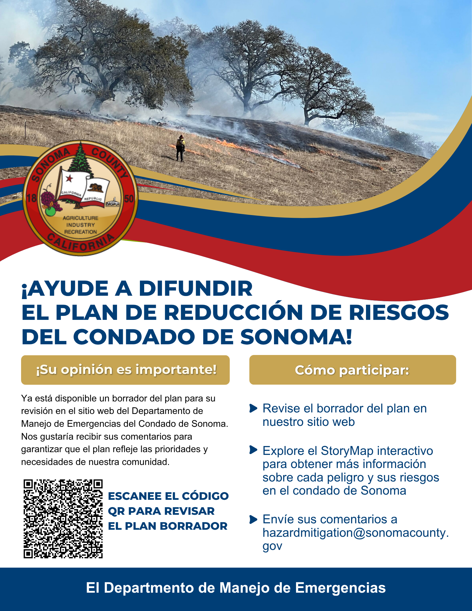 Promotional flyer for Sonoma County's Risk Reduction Plan with participation details and a QR code for more info.
