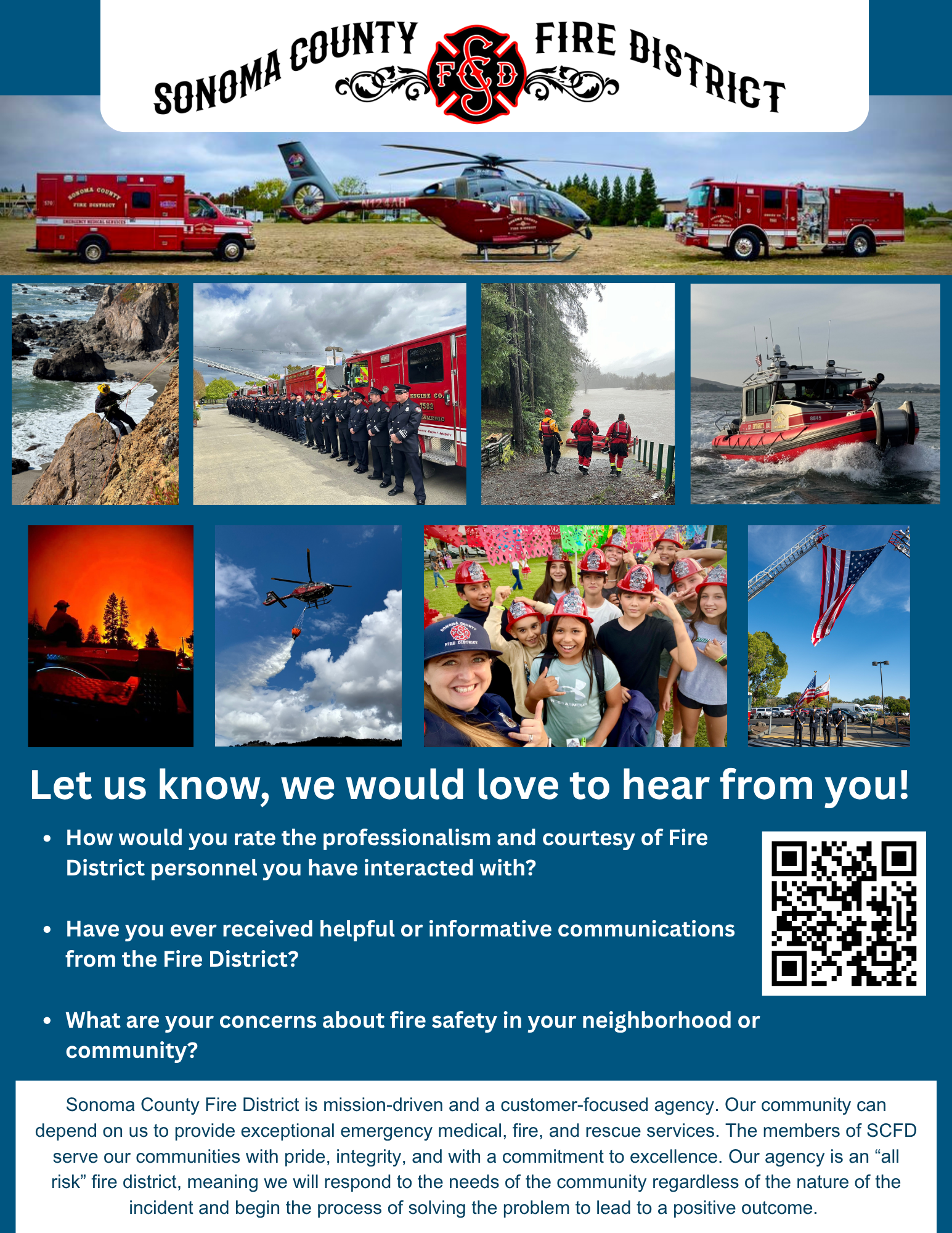 Collage of Sonoma County Fire District vehicles and personnel with a survey invitation.
