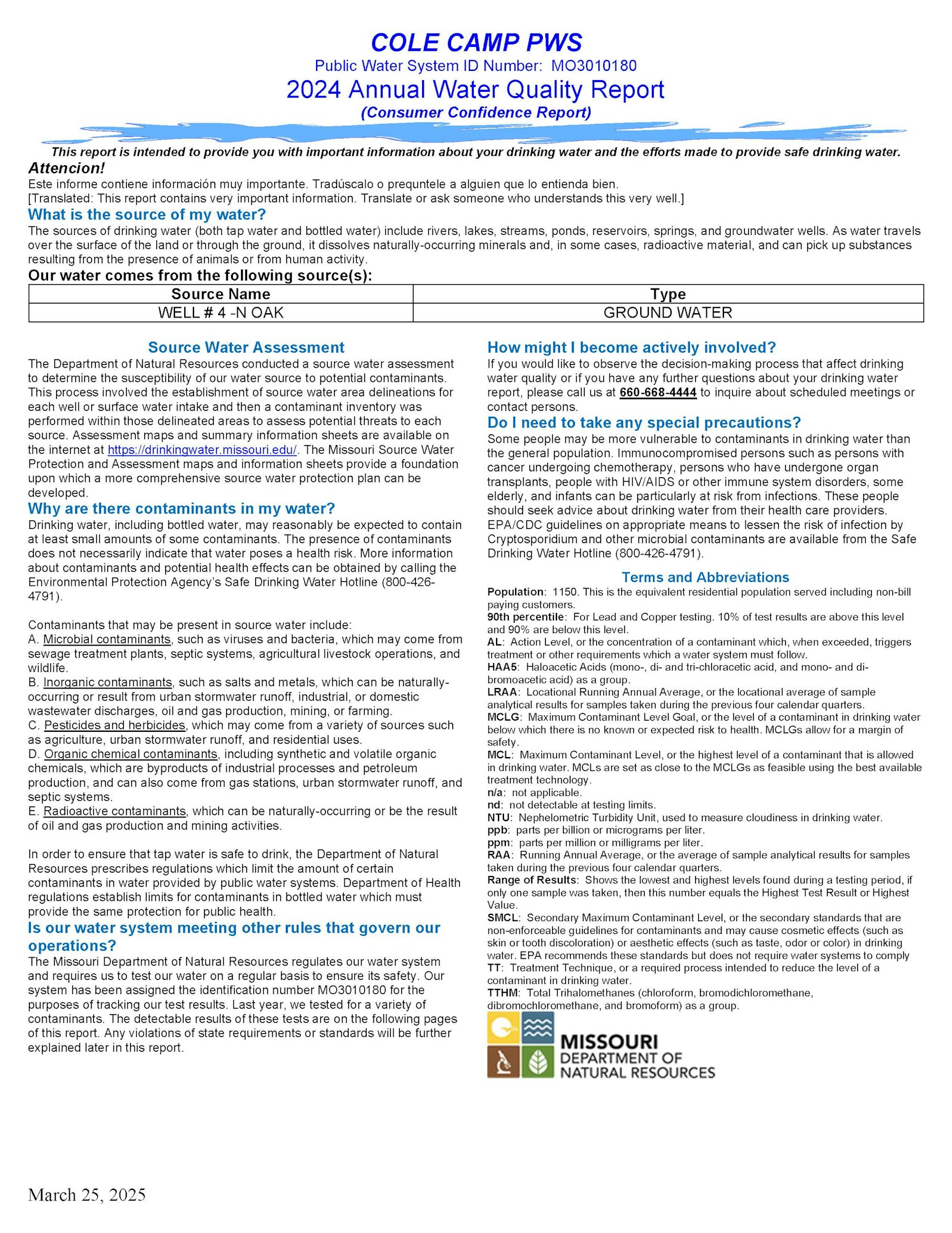 Annual Water Quality Report for COLE CAMP PWS: discusses water source, contaminants, safety, and regulations for public health.