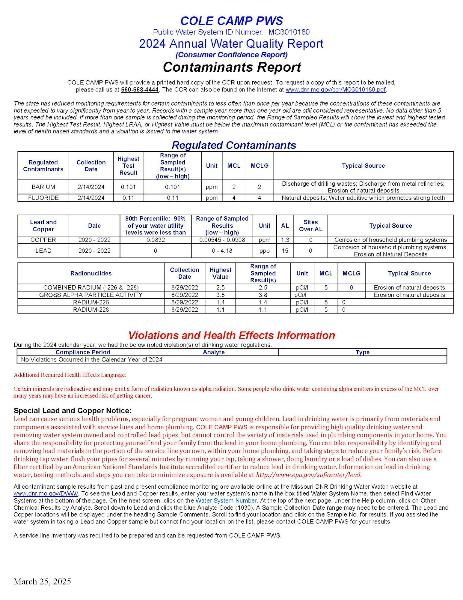 This image is a 2024 annual water quality report for Cole Camp, detailing contaminant levels, safety, and sources.