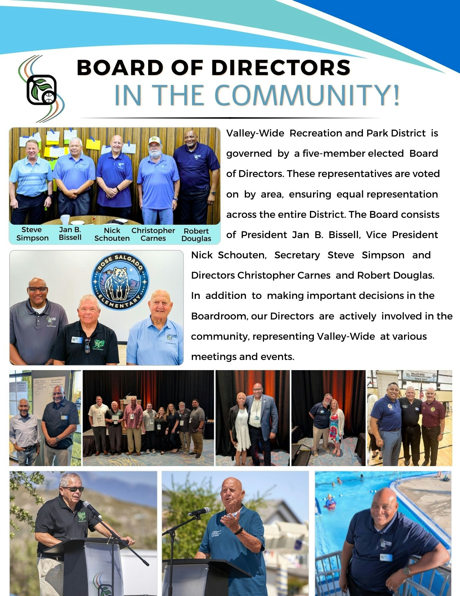 Board of Directors involved in community activities. Includes photos of events, speeches, and poolside engagements.