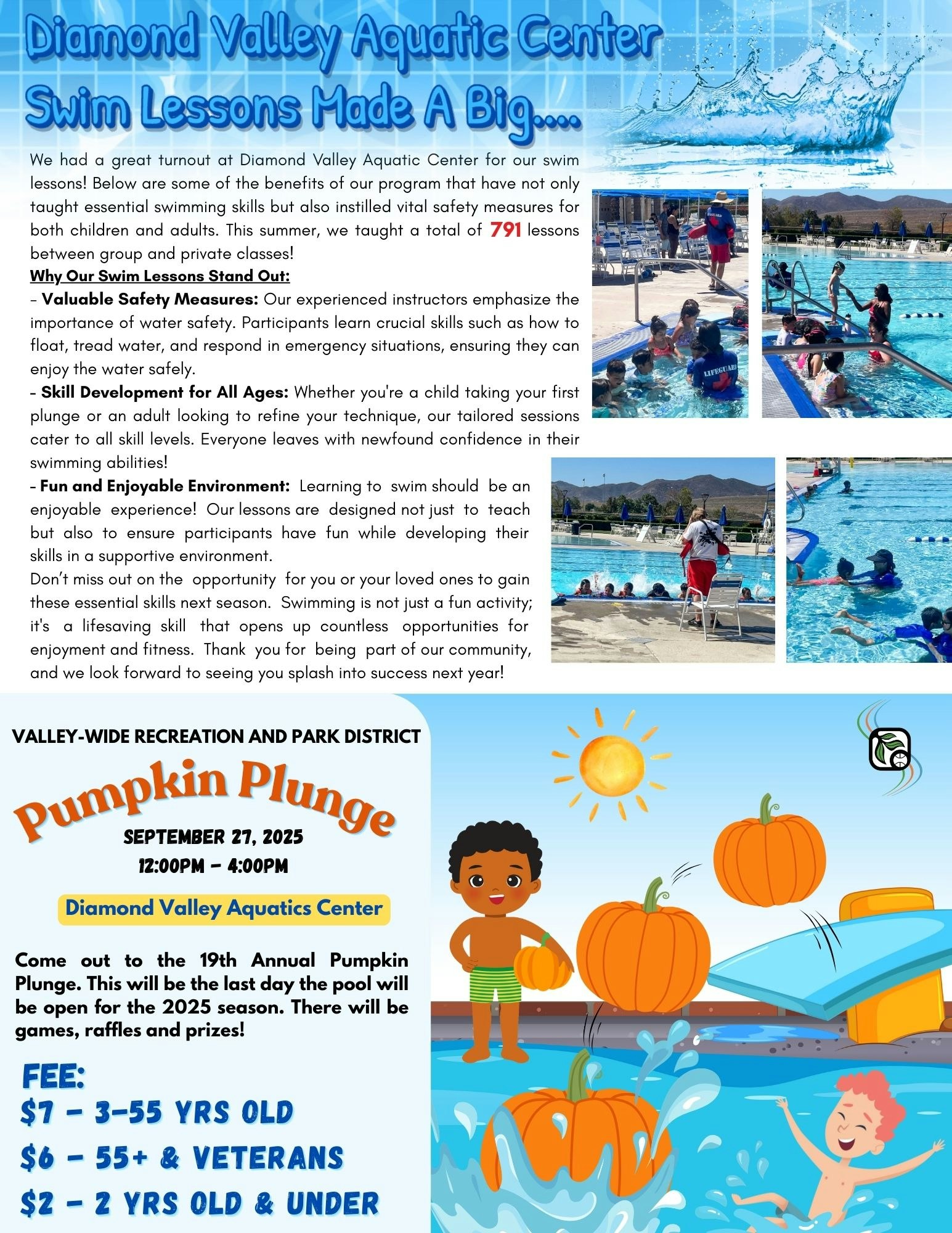 Swim lessons at Diamond Valley Aquatic Center, 791 total. Promoting safety, skill development, and fun. Pumpkin Plunge event on Sep 27, 2025.
