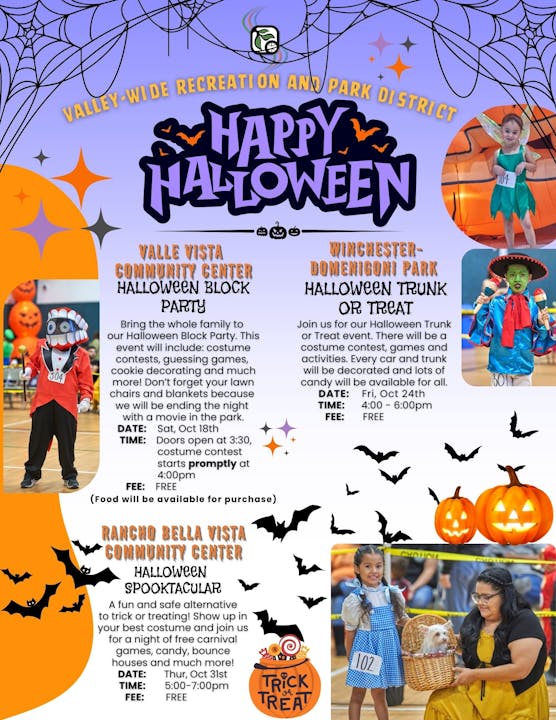 Flyer for Valley-Wide Recreation Halloween events: block party, trunk or treat, spooktacular; includes dates, times, free admission.