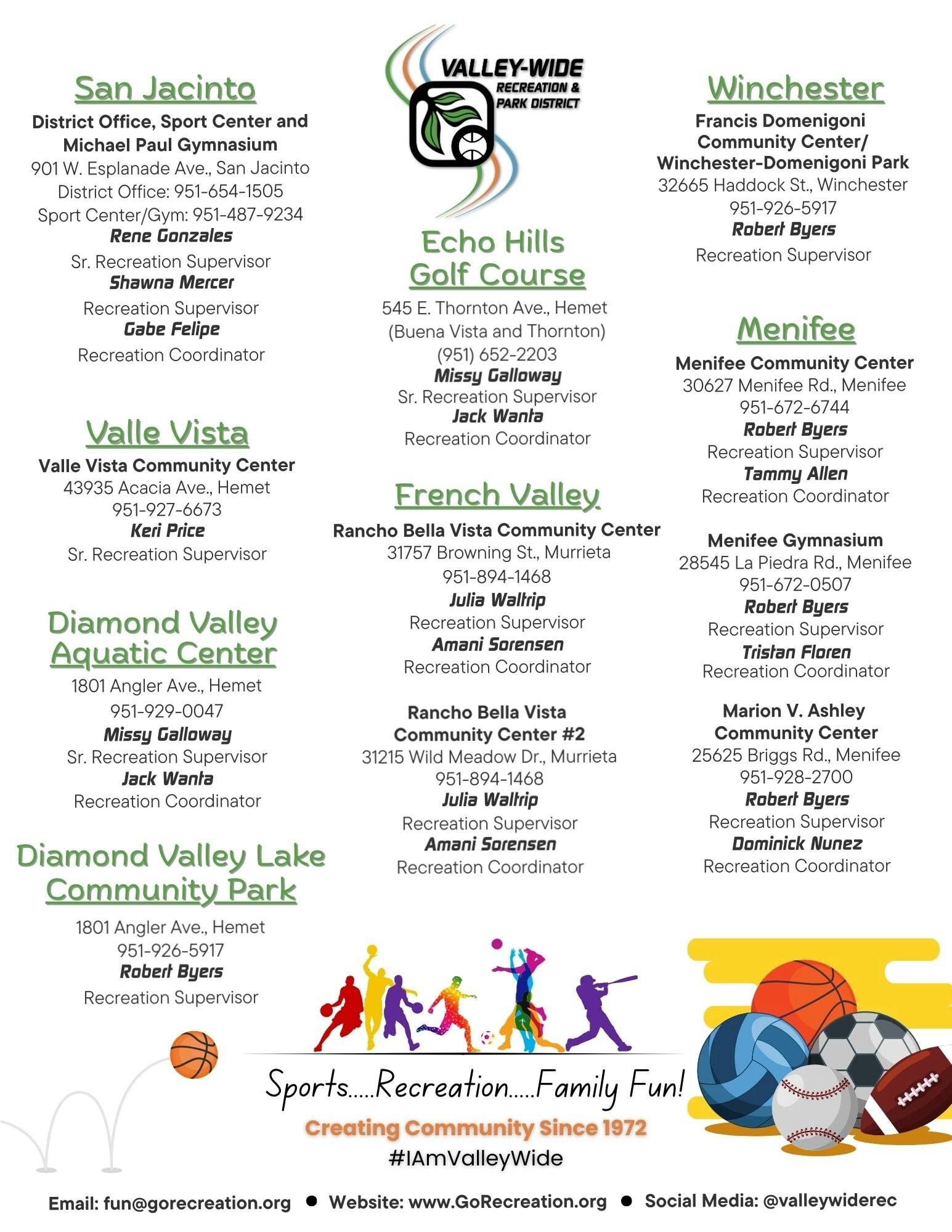 A list of Valley-Wide Recreation & Park District centers, staff contacts, and activities promoting community recreation and fun.