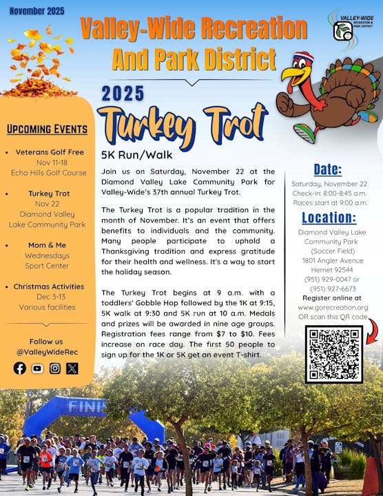 Flyer for Valley-Wide Recreation's 2025 Turkey Trot, a 5K run/walk on Nov 22. Includes event details, registration, and upcoming events.