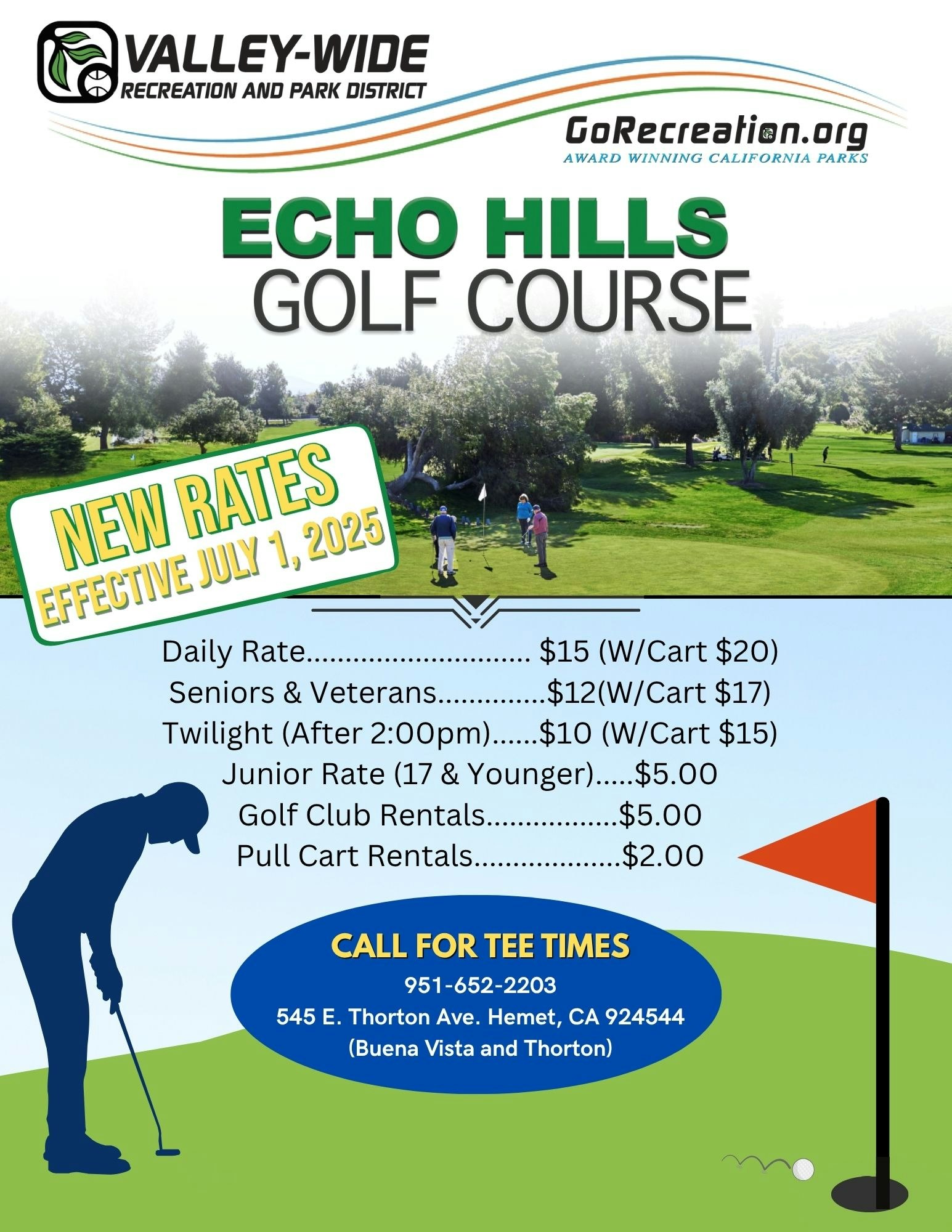 Echo Hills Golf Course rates effective July 1, 2025. Call 951-652-2203 for tee times. Located in Hemet, CA.