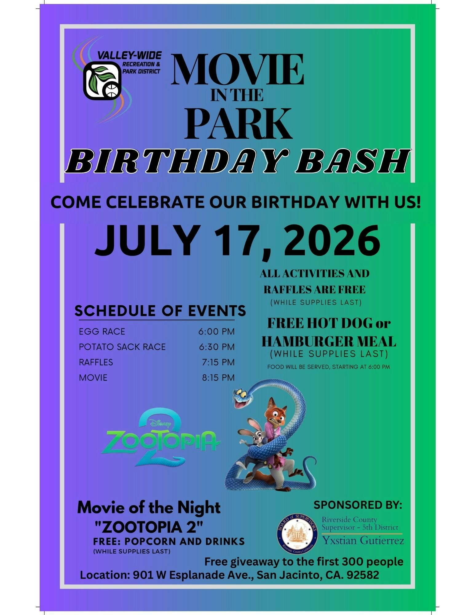 Join the "Movie in the Park" birthday bash on July 17, 2026! Enjoy free activities and watch "Zootopia 2"!