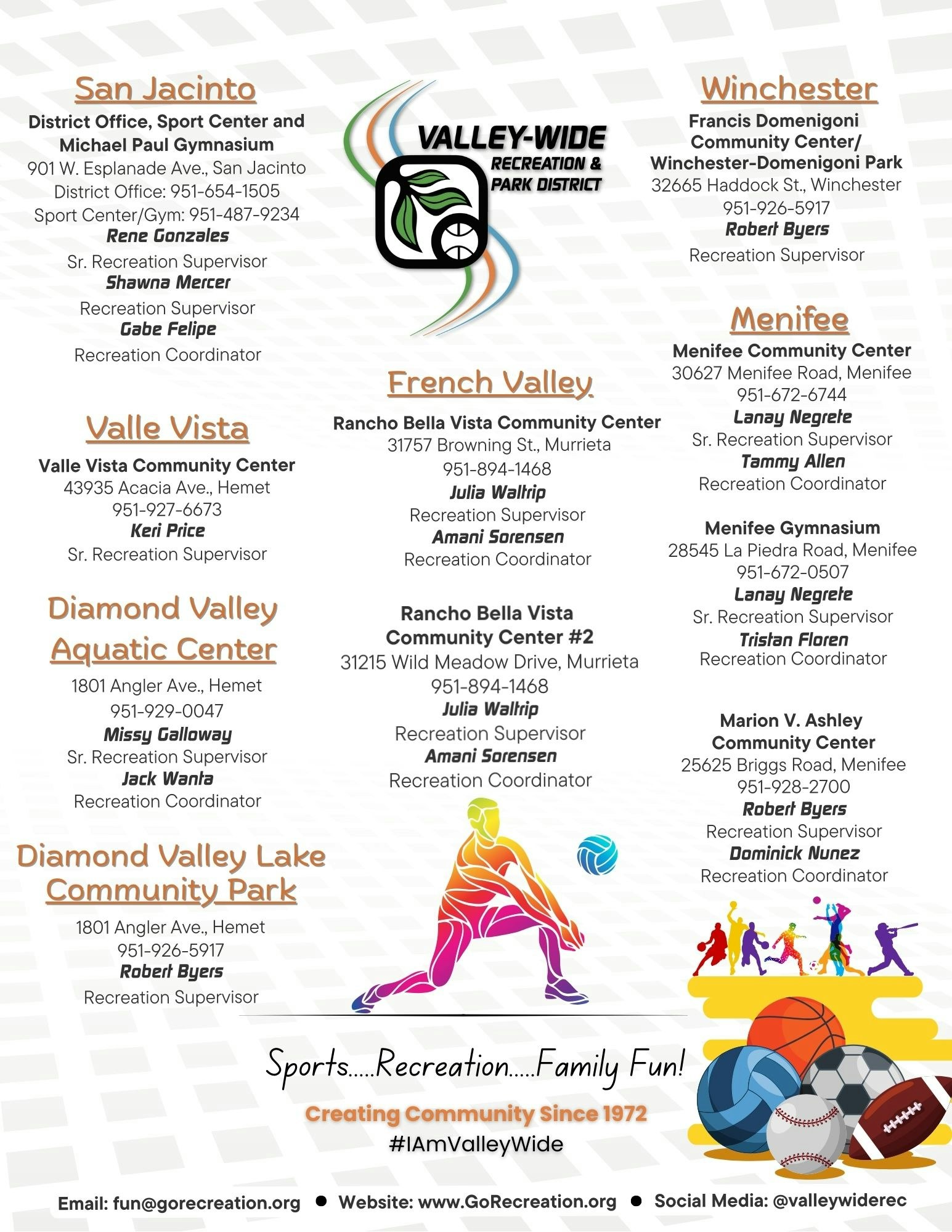Locations and staff info for Valley-Wide Recreation Centers. Contact details, logos, and slogan “Creating Community Since 1972.”