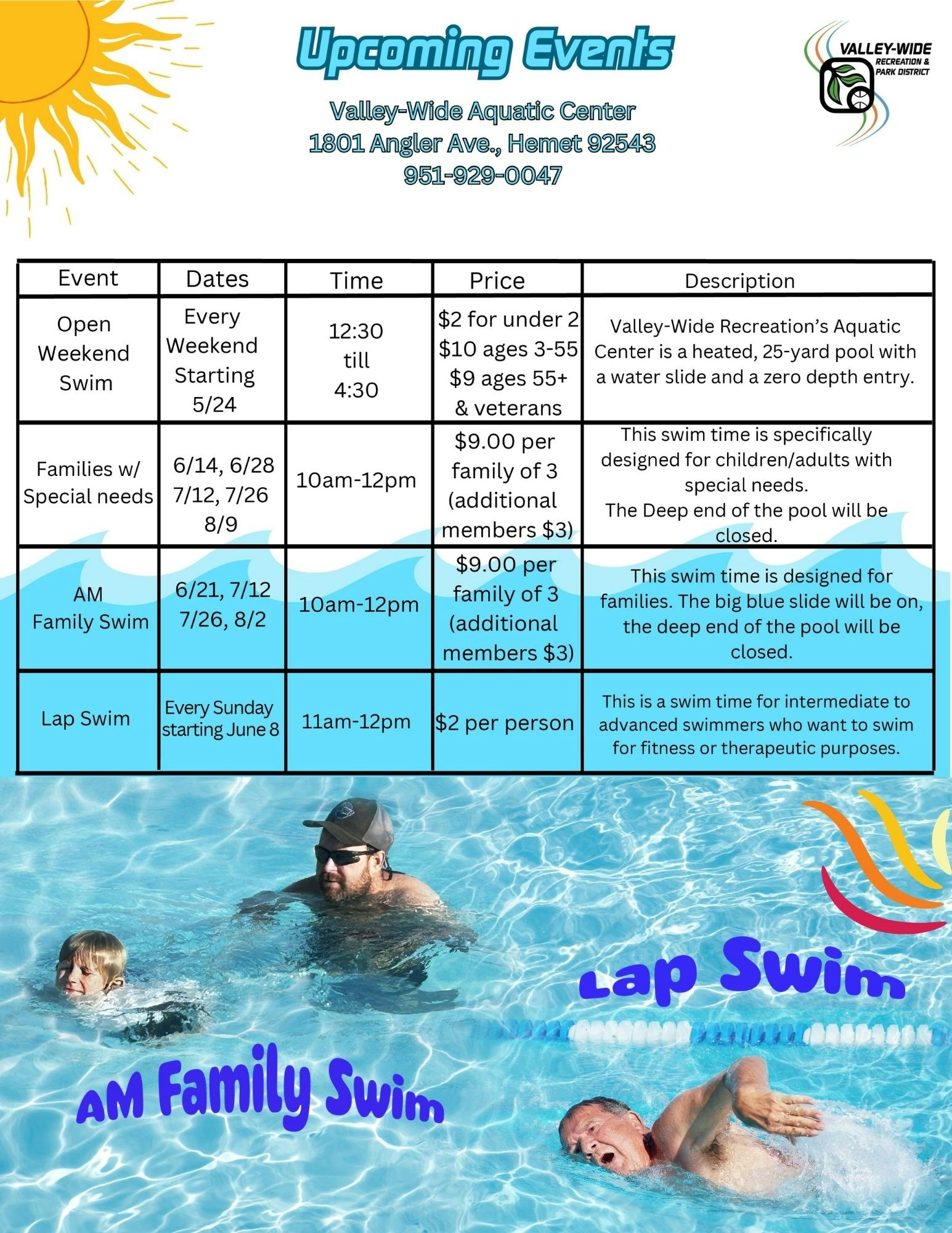 Valley-Wide Aquatic Center events: Open Swim, Family Swim, and Lap Swim with prices and dates. Contact: 951-929-0047.