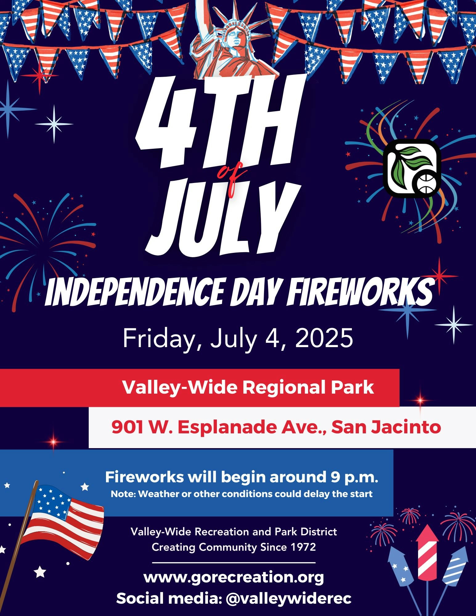 4th of July fireworks event on July 4, 2025, at Valley-Wide Regional Park, San Jacinto, starting around 9 p.m.