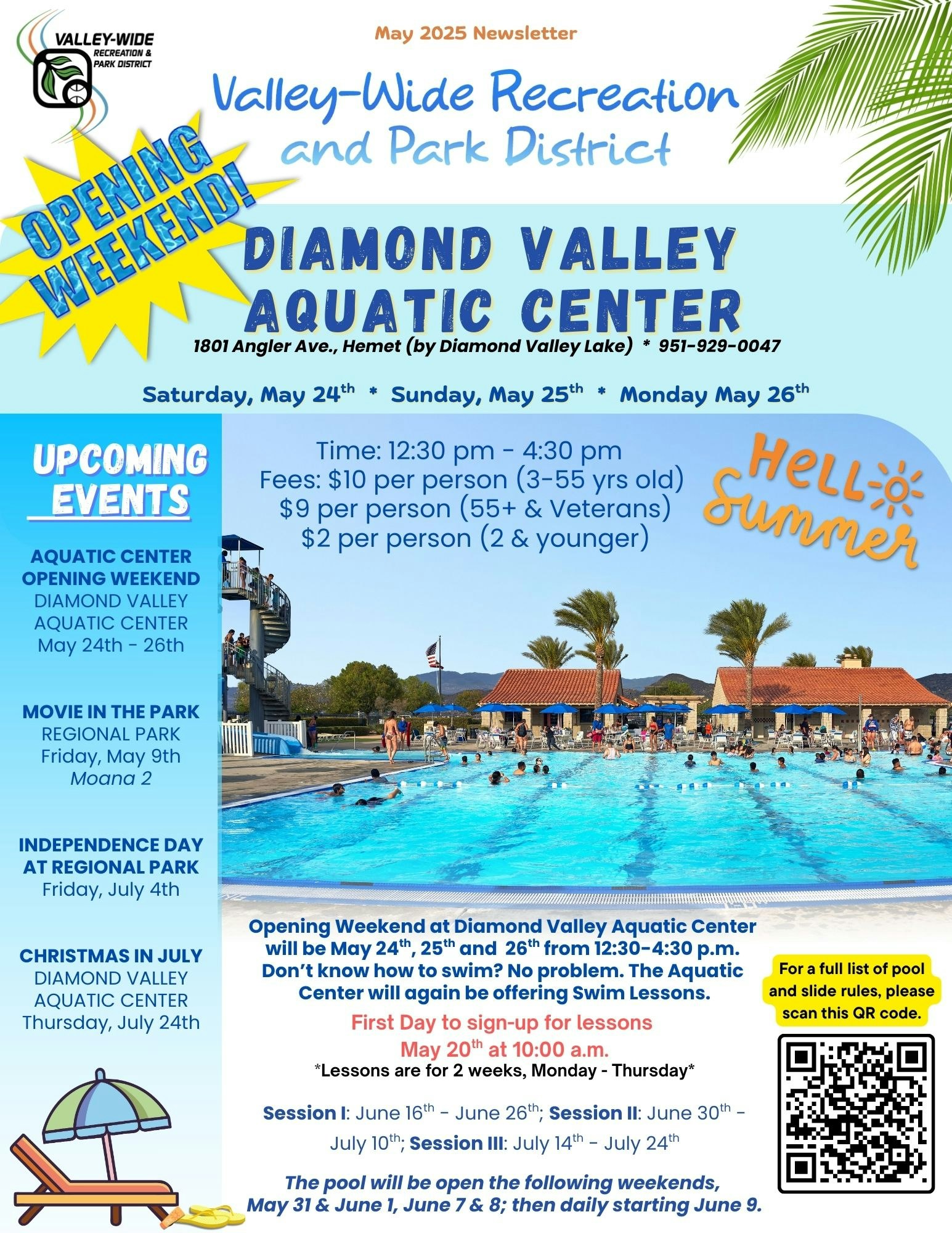 May 2025 newsletter for Valley-Wide Recreation: Diamond Valley Aquatic Center opening, events, swimming lessons, and hours.
