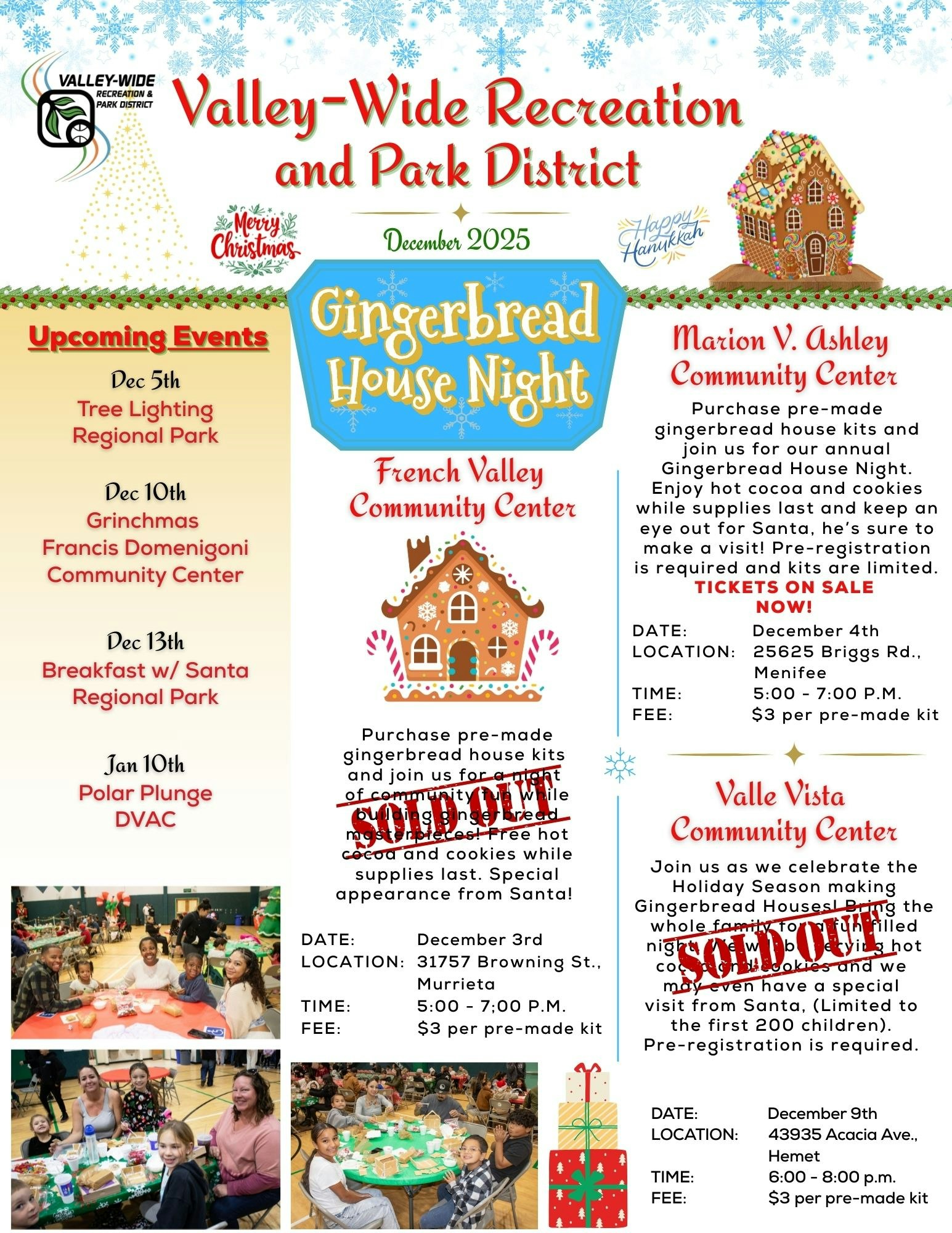 The image promotes December 2025 events by Valley-Wide Recreation, including Gingerbread House Night at various community centers.