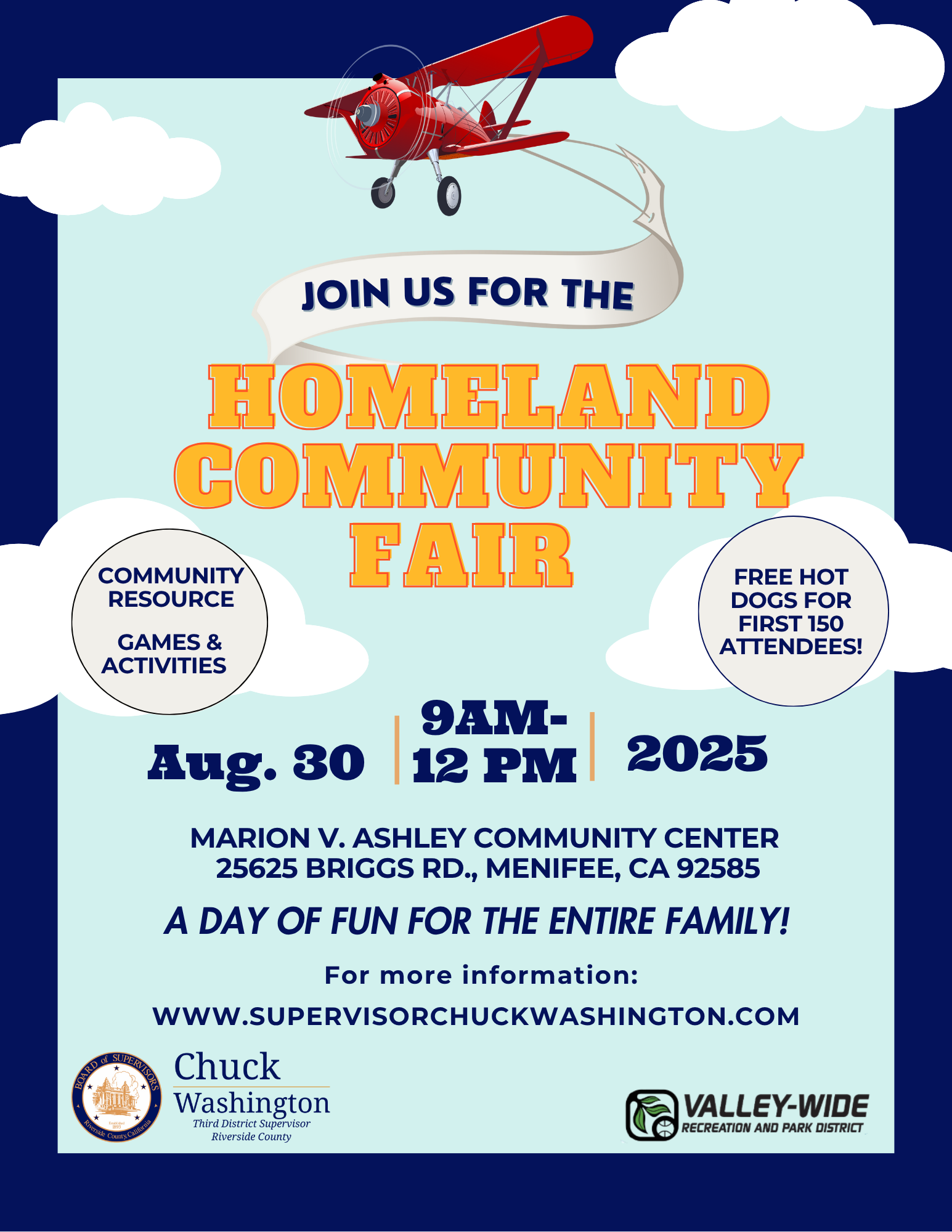 Homeland Community Fair on Aug. 30, 2025, from 9 AM to 12 PM at Marion V. Ashley Community Center, Menifee, CA. Games and free hot dogs.