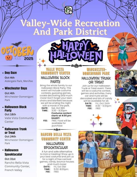 Valley-Wide Recreation events in October 2025: Dog Daze, Winchester Days, Halloween Block Party, Trunk or Treat, Spooktacular.