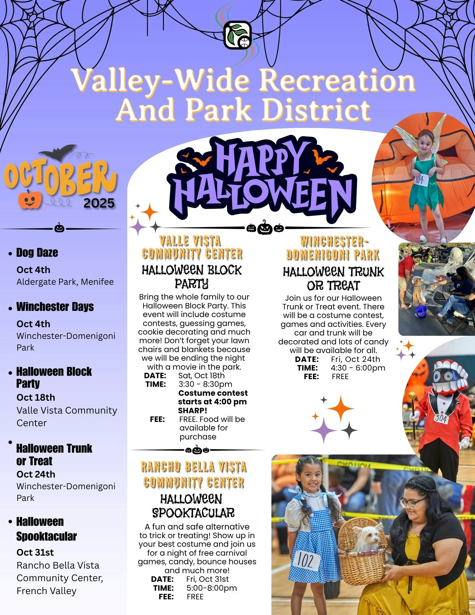 Valley-Wide Recreation events in October 2025: Dog Daze, Winchester Days, Halloween Block Party, Trunk or Treat, Spooktacular.