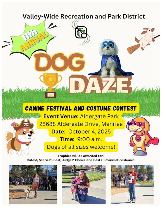 Dog Daze festival and costume contest on October 4, 2025, 9 a.m. at Aldergate Park, Menifee. Trophies for various categories.