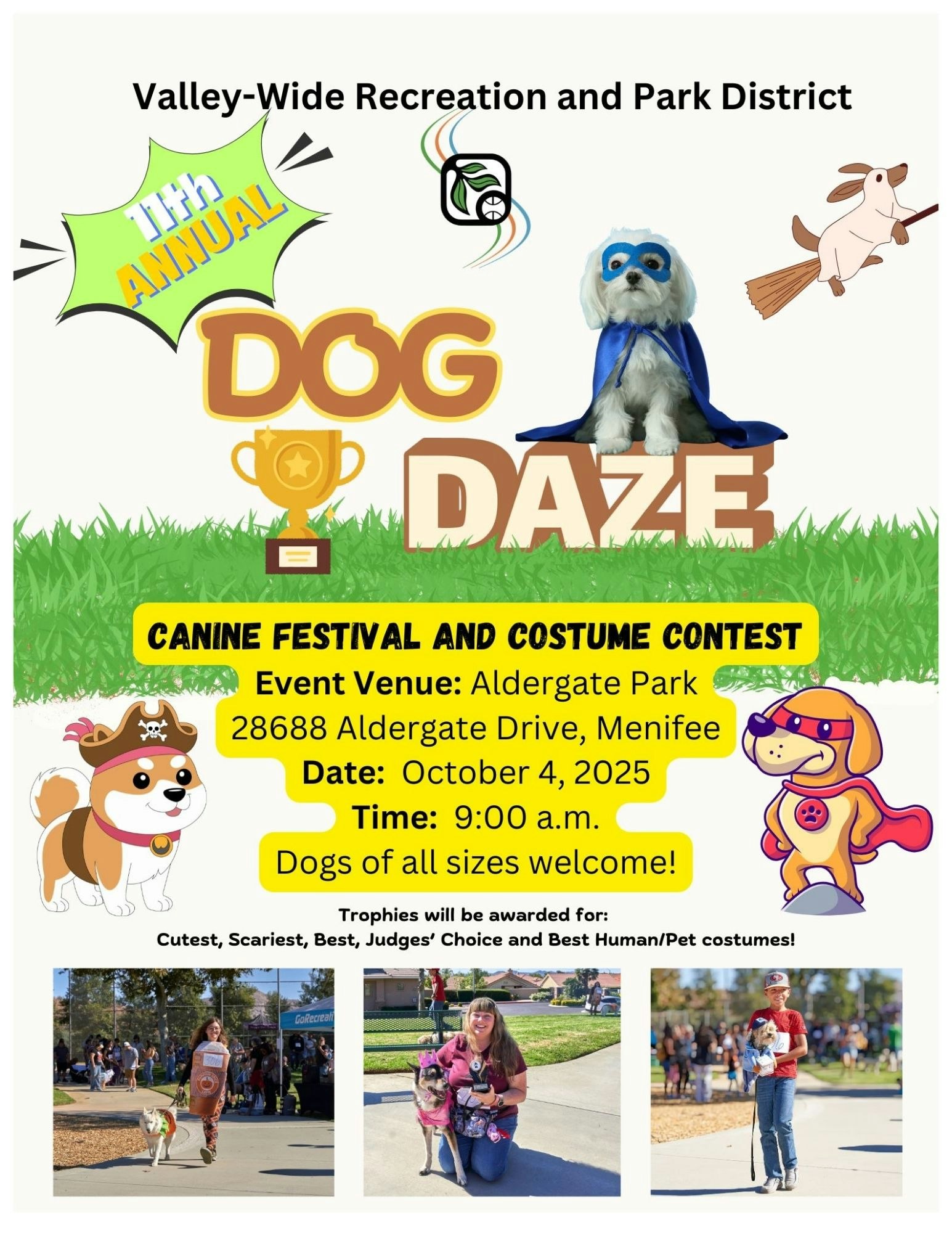 Dog Daze festival and costume contest on October 4, 2025, 9 a.m. at Aldergate Park, Menifee. Trophies for various categories.