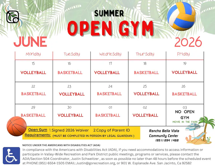 Summer Open Gym schedule for June 2026, featuring volleyball and basketball sessions at Rancho Bella Vista Community Center.