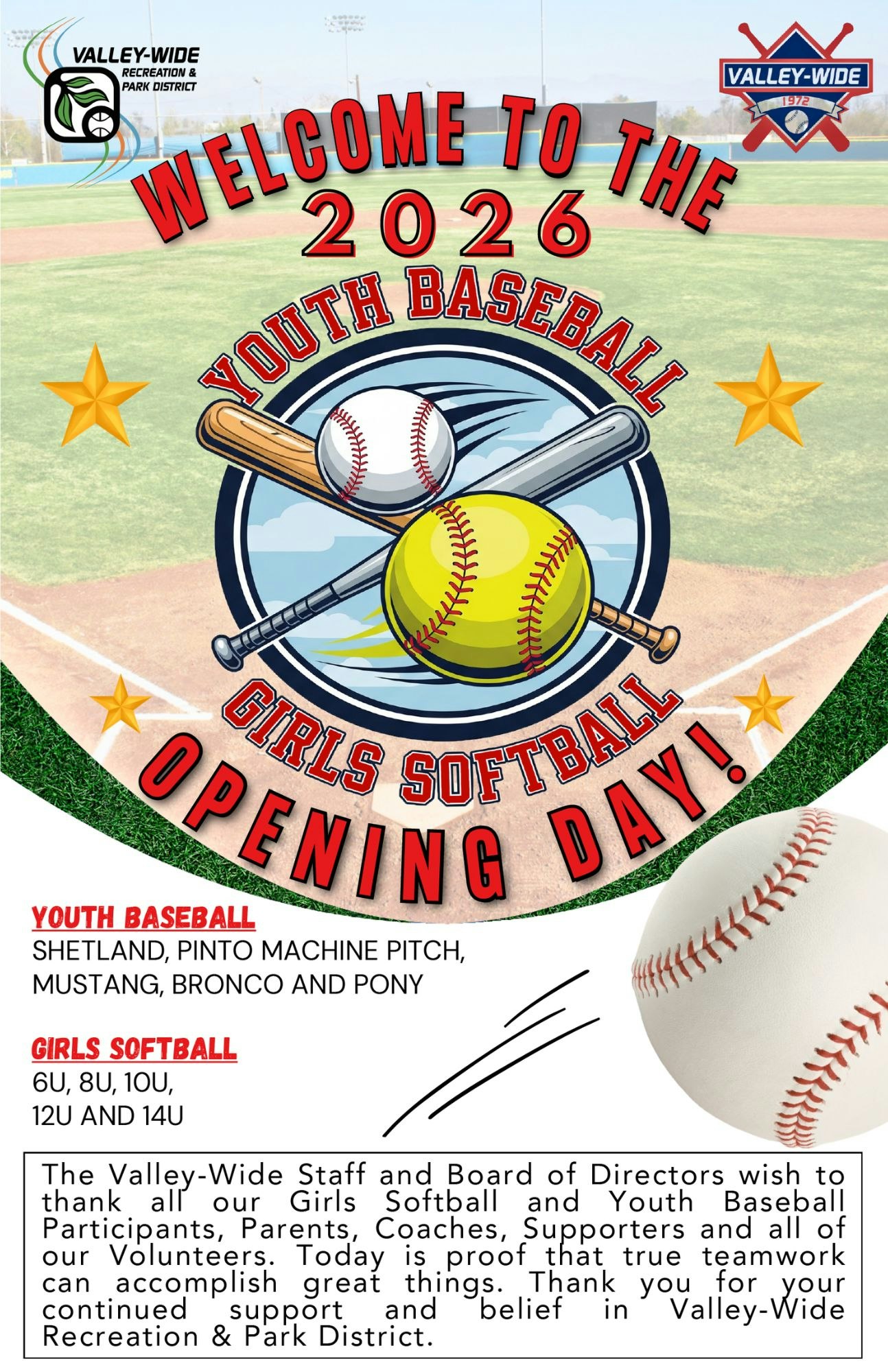 It’s a welcome announcement for the 2026 Youth Baseball and Girls Softball Opening Day, thanking participants and supporters.