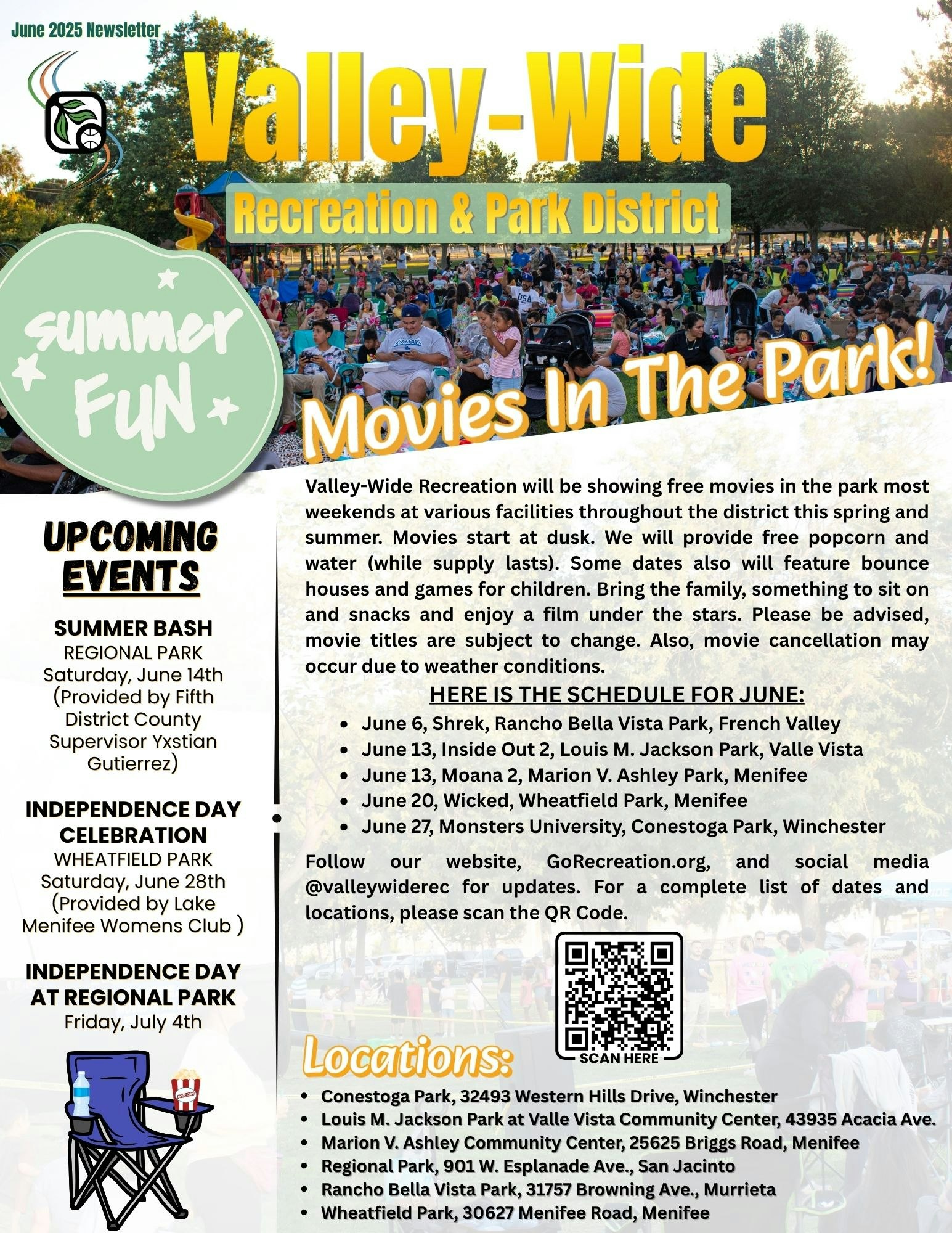 Valley-Wide Recreation & Park District hosts free summer movies, events, and Independence Day celebrations in various parks.