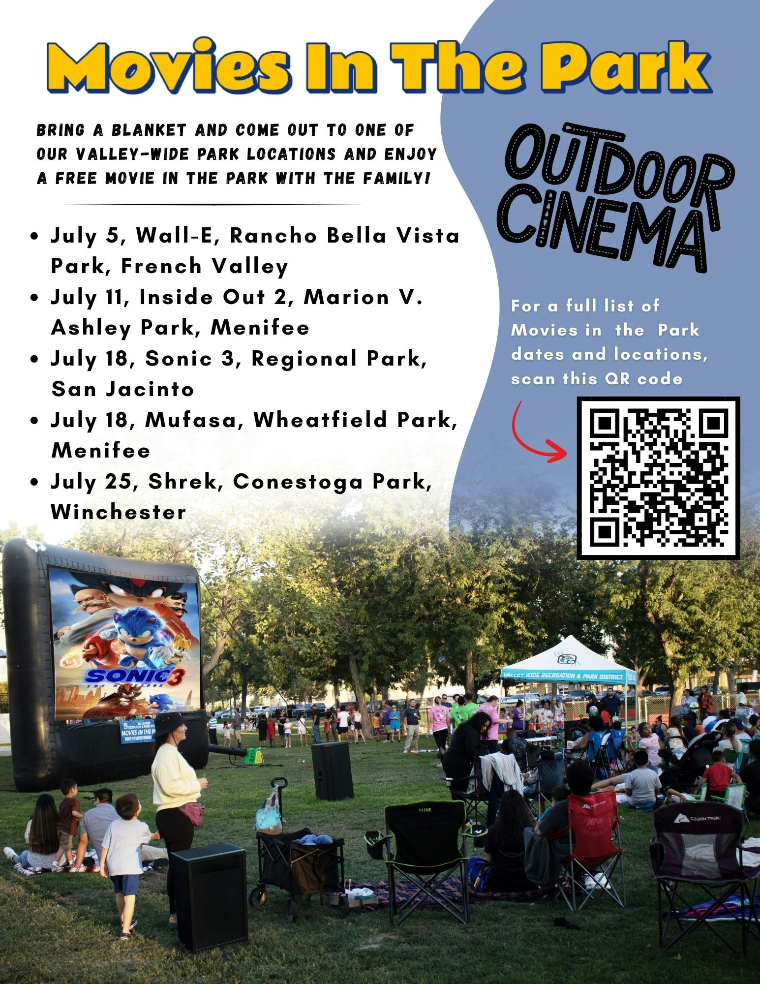 "Movies In The Park" flyer with dates and locations for outdoor cinema events, featuring a QR code for more info.
