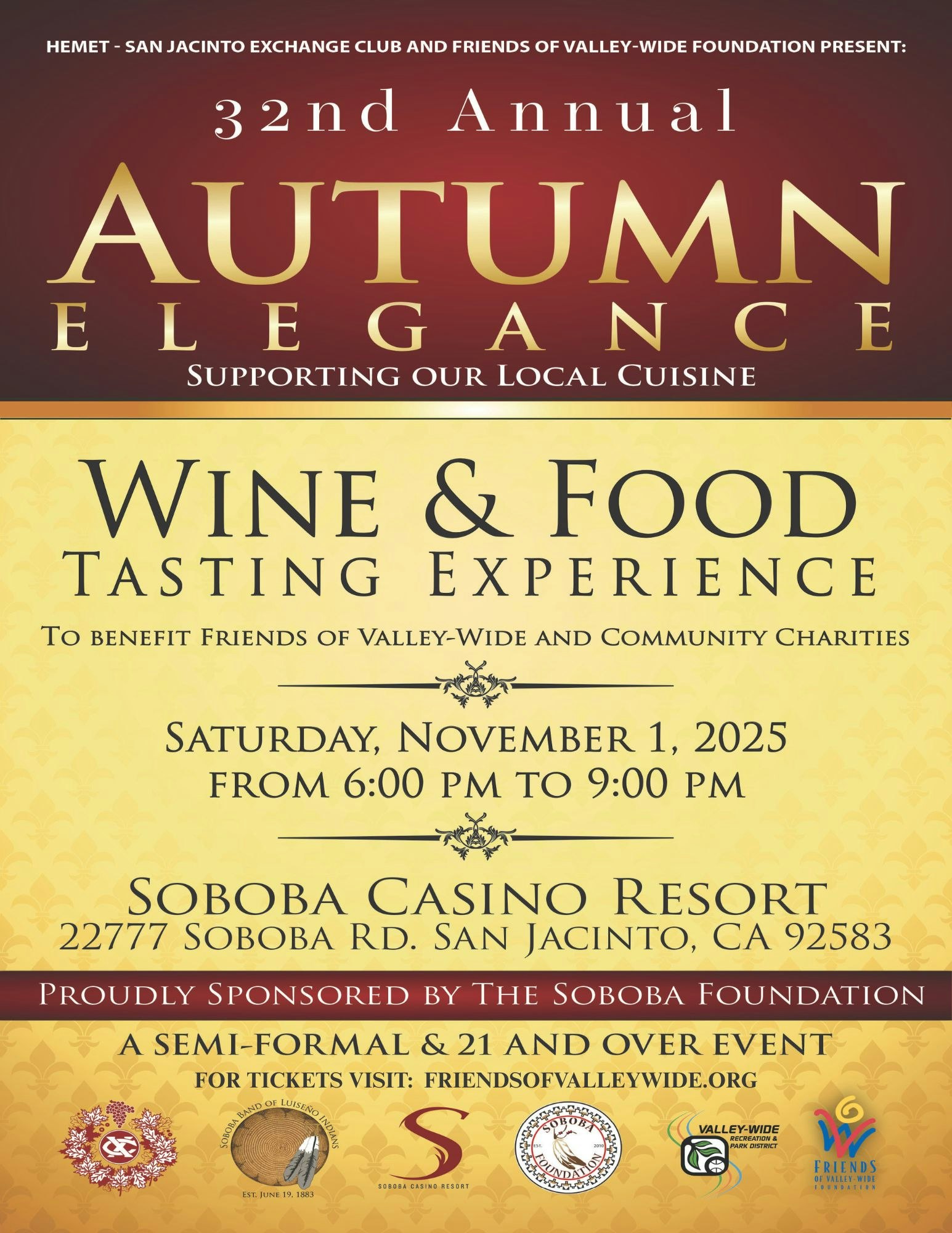 32nd Annual Autumn Elegance Wine & Food Tasting at Soboba Casino Resort, November 1, 2025, 6-9 PM, semi-formal, 21+ event.
