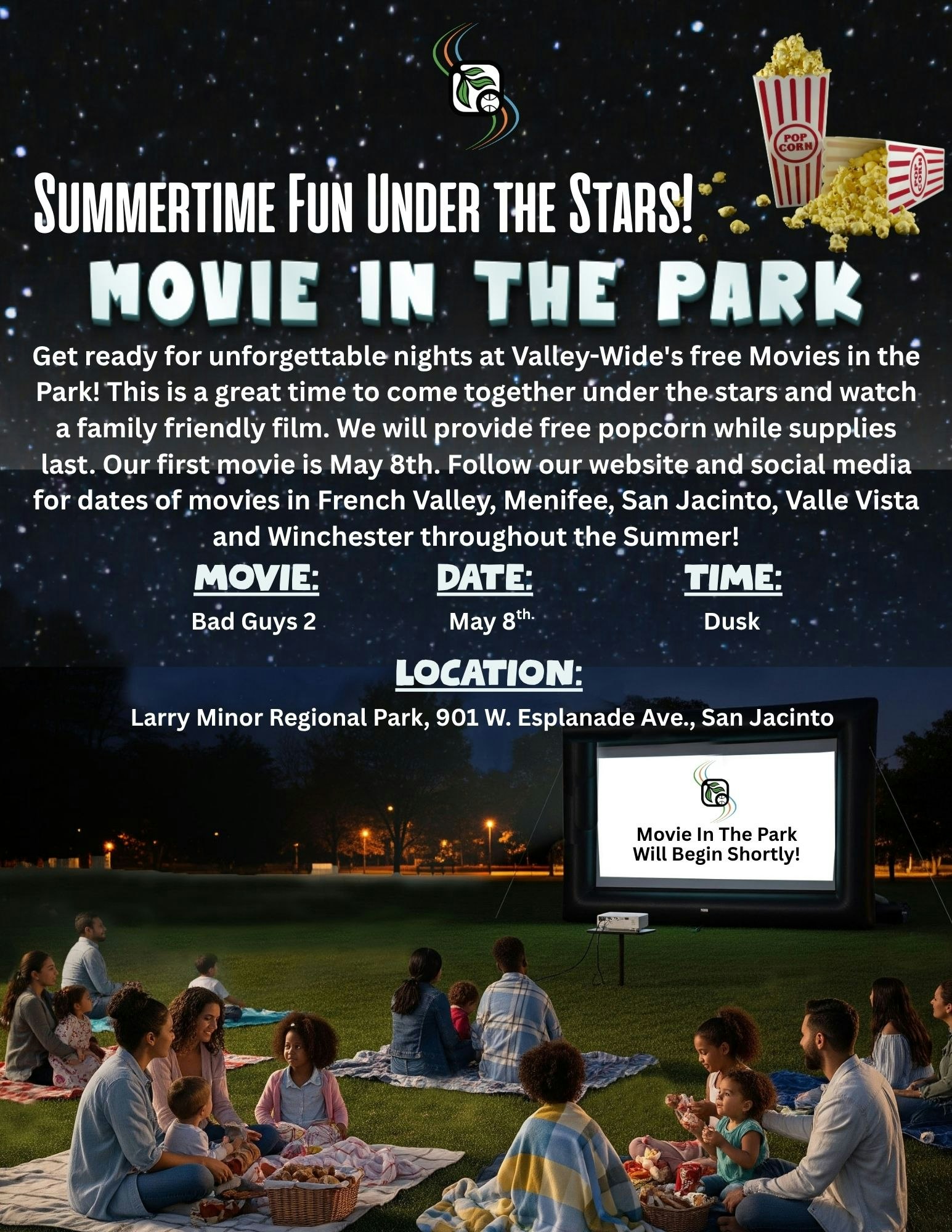 Free outdoor movie night featuring "Bad Guys 2" on May 8th at Larry Minor Regional Park, San Jacinto. Free popcorn!
