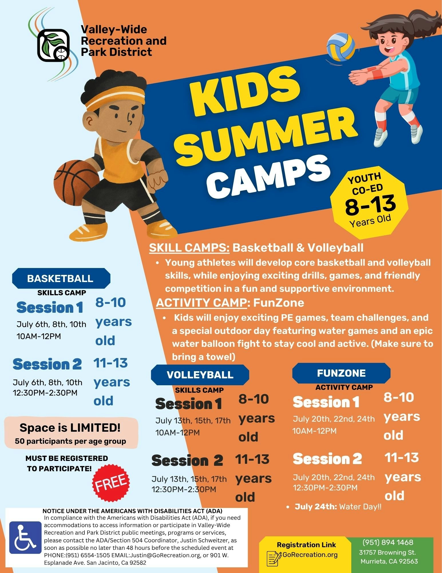 The image promotes Valley-Wide's Summer Camps for kids aged 8-13, offering basketball, volleyball, and FunZone activities.