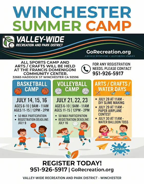 Winchester Summer Camp offers basketball, volleyball, and arts/crafts from July 14-30. Register by deadlines for participation.