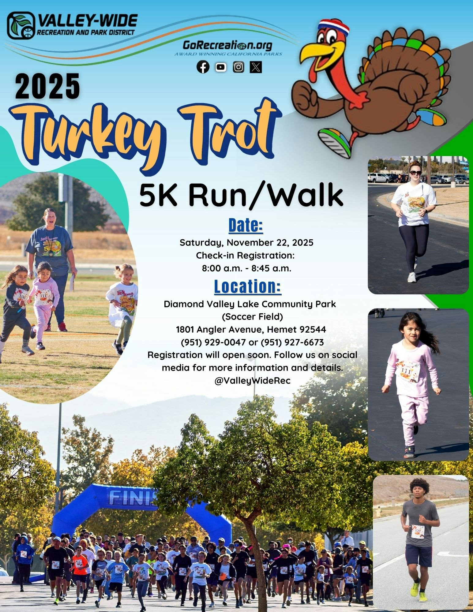 Turkey Trot 5K Run/Walk on Nov 22, 2025, at Diamond Valley Lake Community Park. Registration info and photos included.