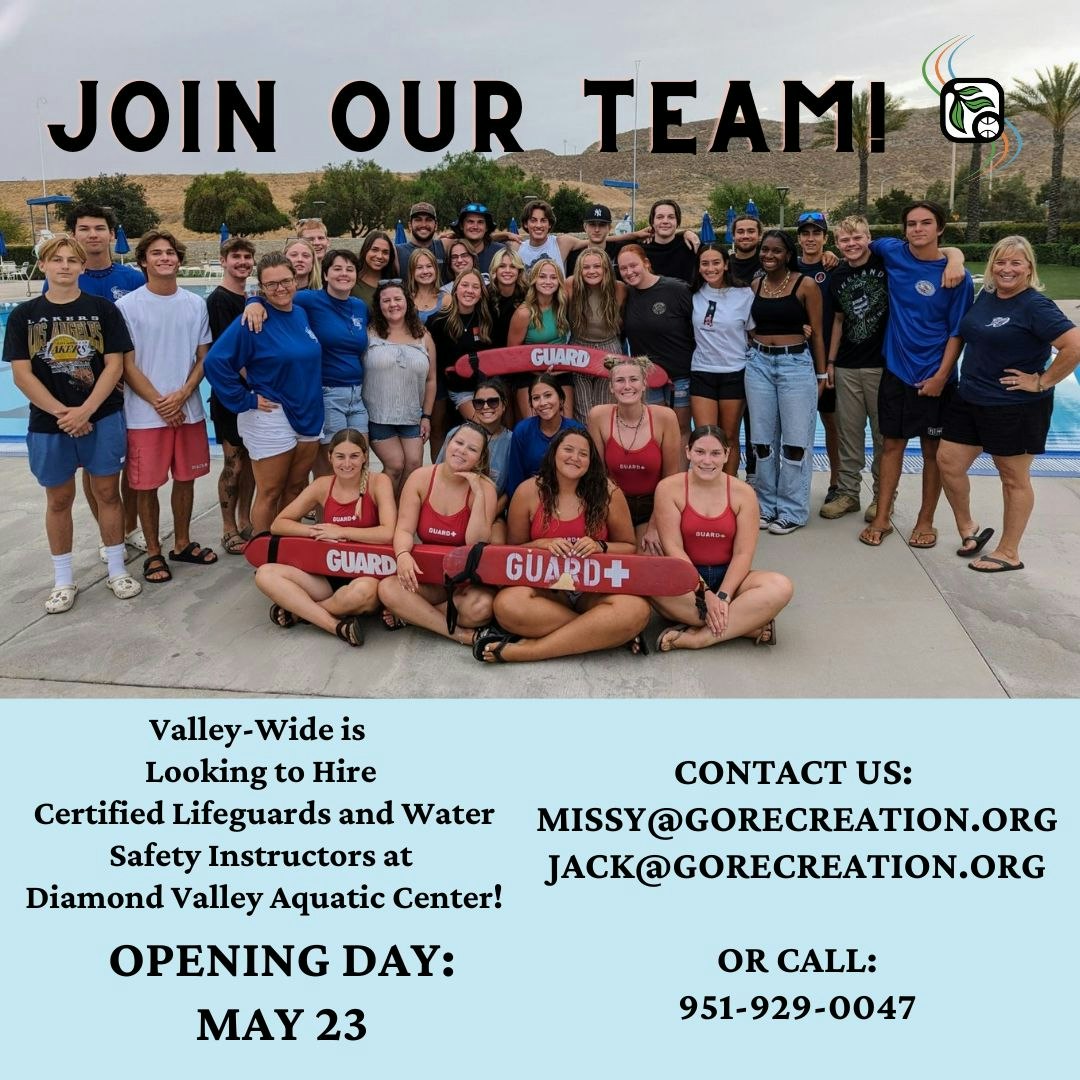 The image advertises job openings for lifeguards and water safety instructors at Diamond Valley Aquatic Center, opening May 23.