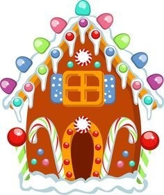 Illustrated gingerbread house with candy decorations, colorful lights, candy canes, and icing details.