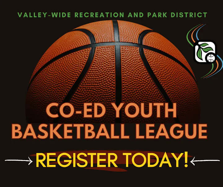 The image promotes a co-ed youth basketball league by the Valley-Wide Recreation and Park District, urging registration today.