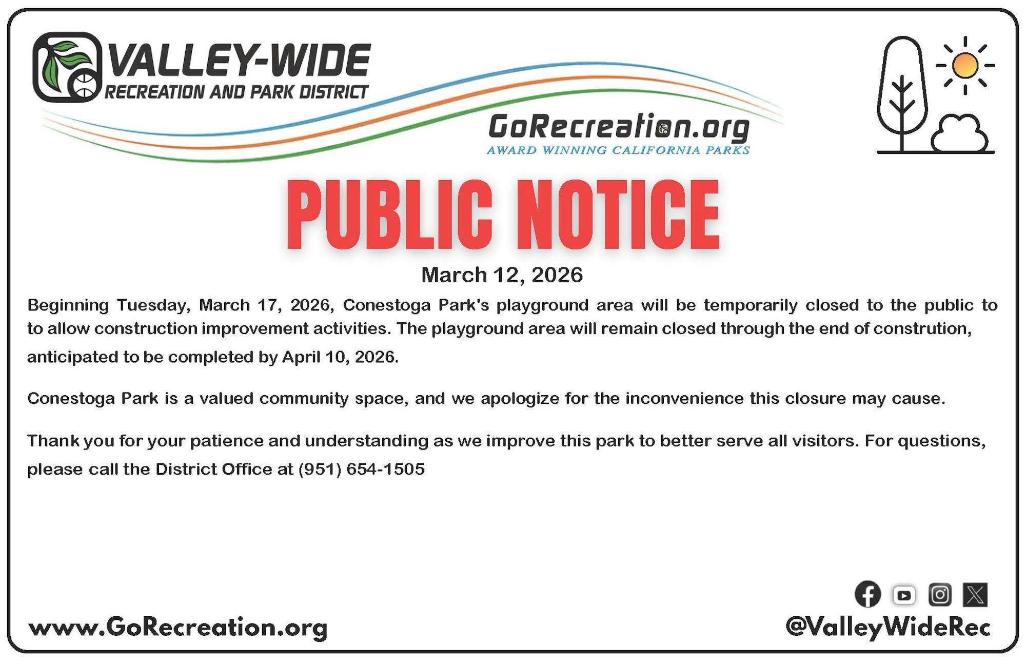Conestoga Park's playground will close for construction from March 17 to April 10, 2026. Apologies for any inconvenience.
