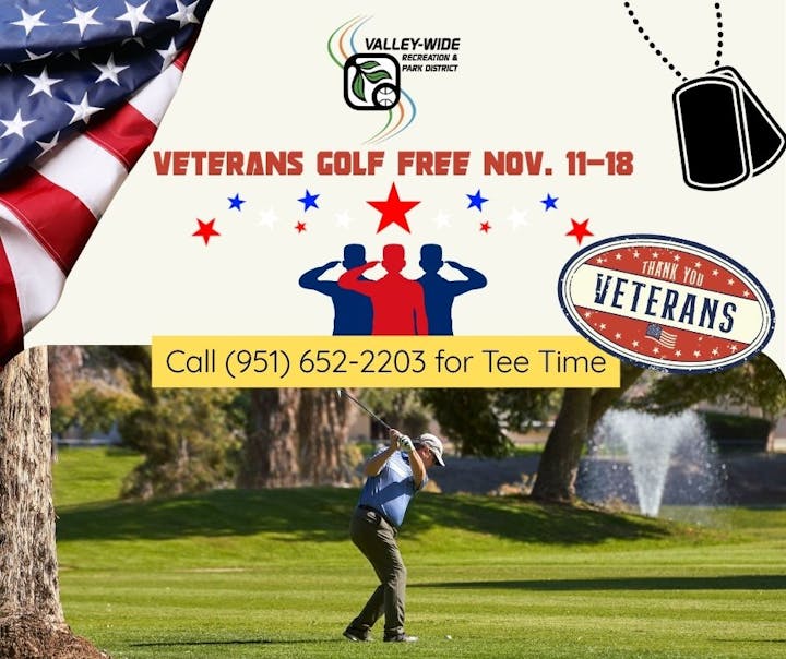 A promotional image for free golf for veterans from Nov. 11-18 with a golfer, US flag, and contact info.