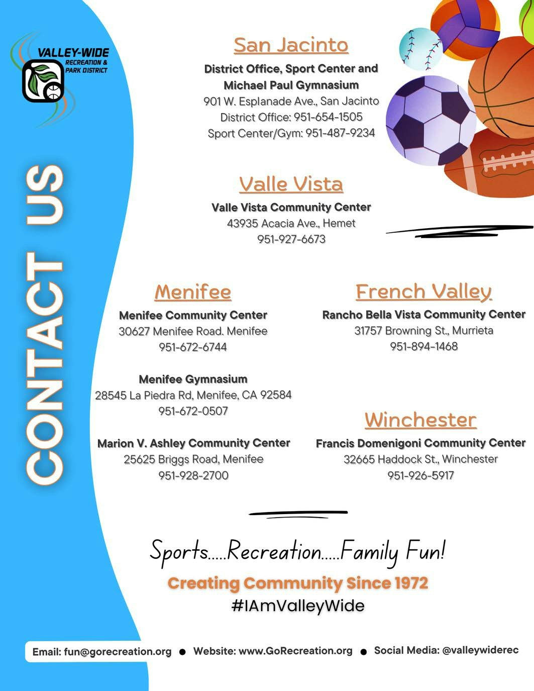 Valley-Wide Recreation contact details, locations, and their motto: "Sports...Recreation...Family Fun!"