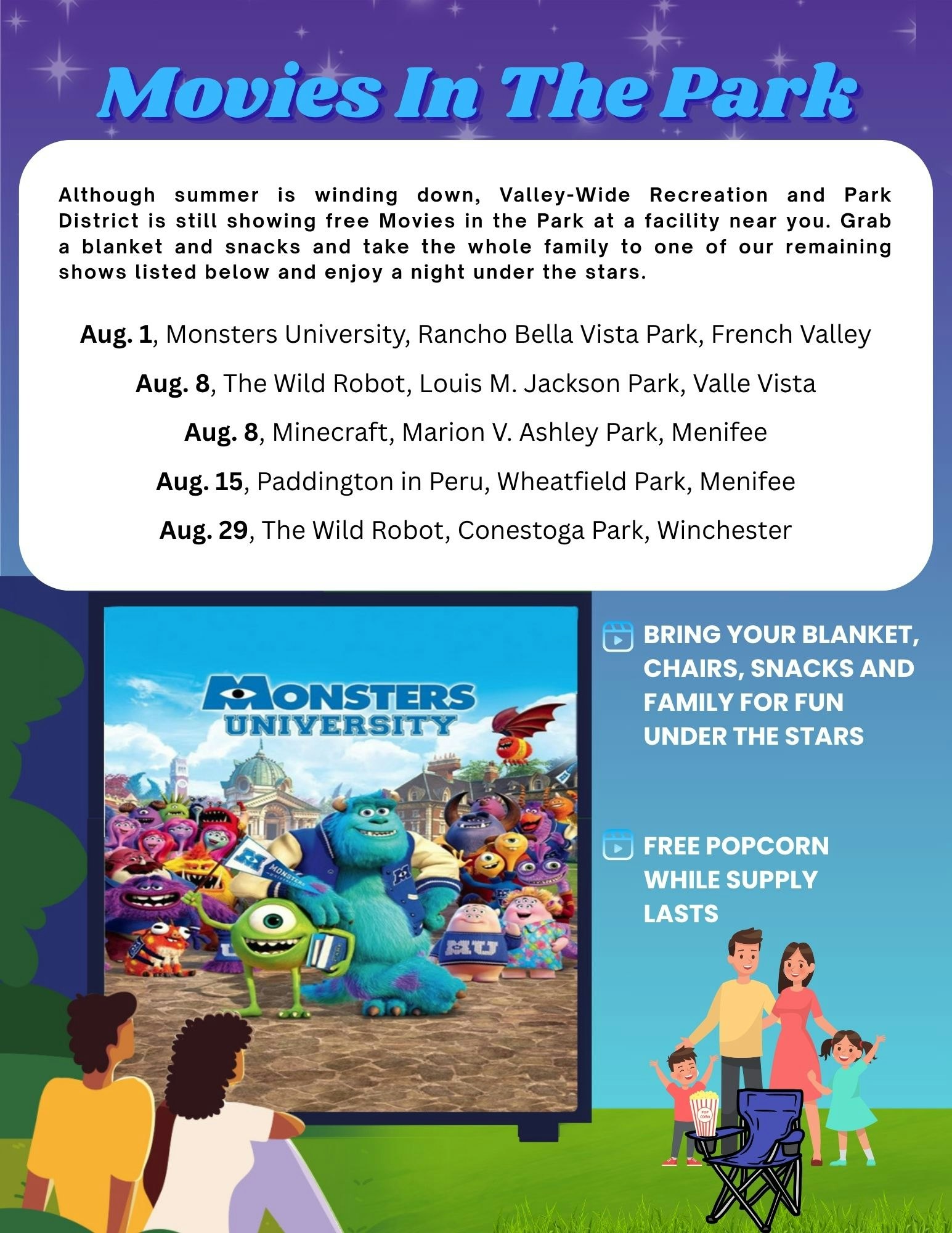 Free Movies in the Park schedule for August with film titles and locations. Bring blankets, chairs, and snacks. Free popcorn available.