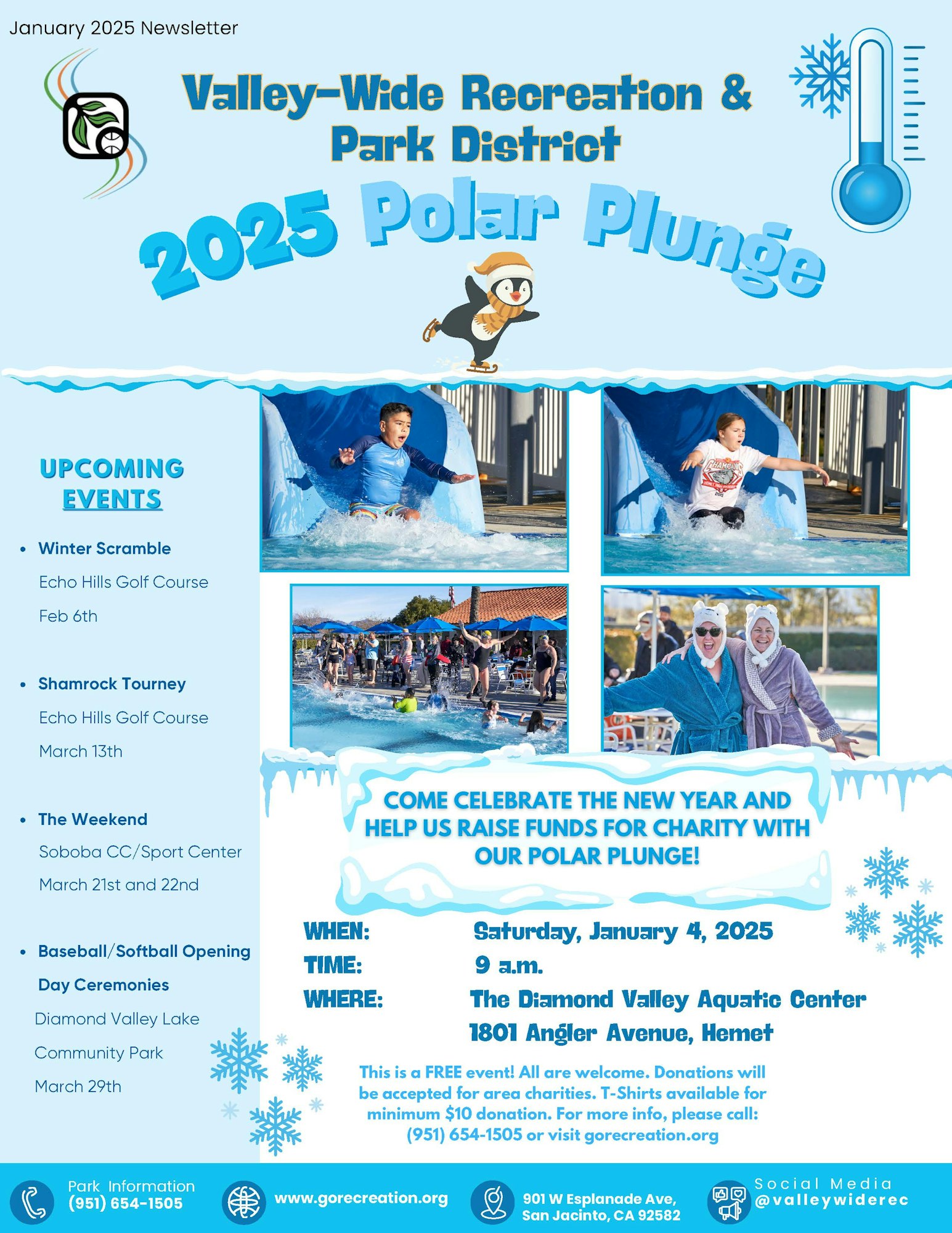 Valley-Wide Recreation hosts "2025 Polar Plunge" on Jan 4 at Diamond Valley Aquatic Center. Free event with charity donations.
