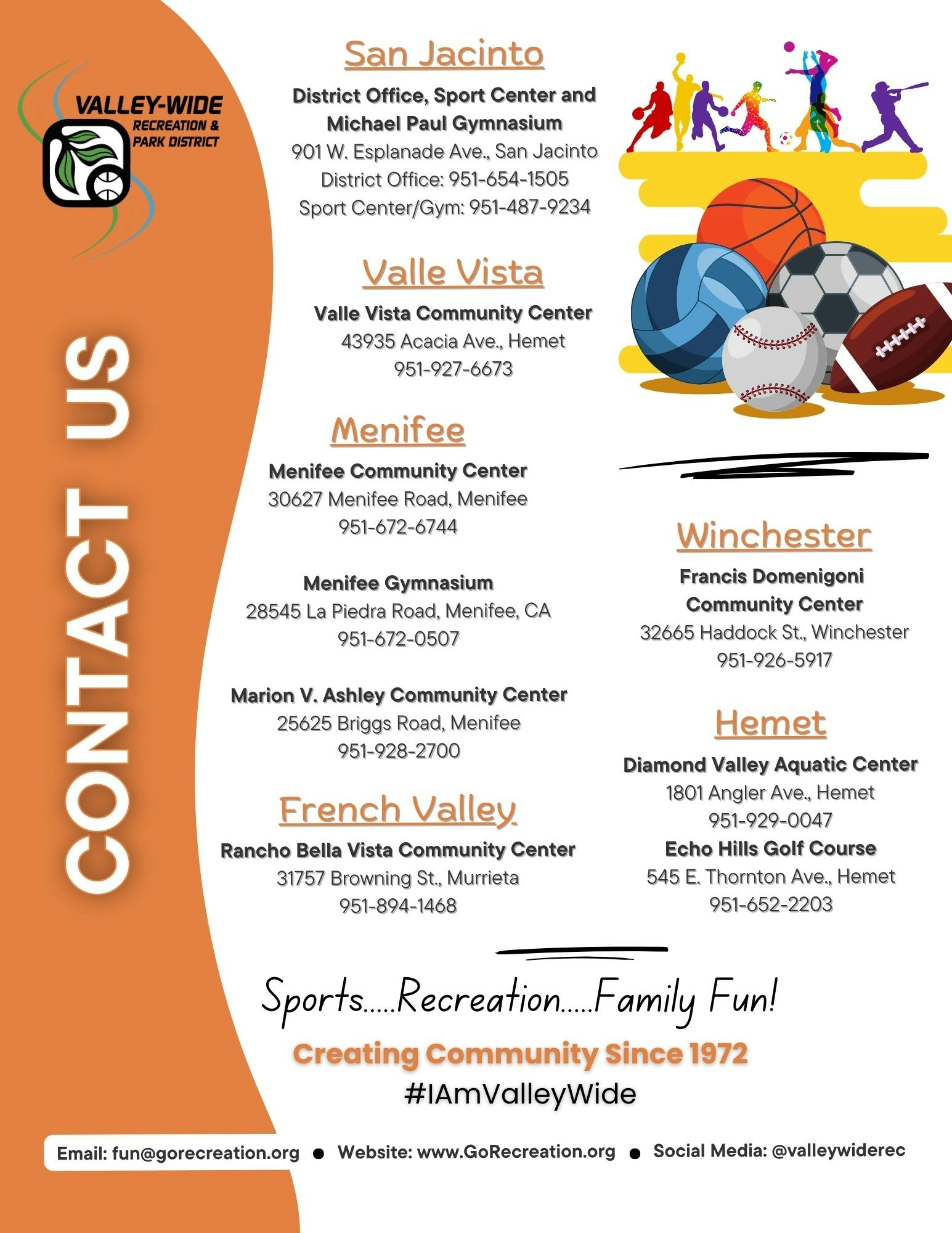 Valley-Wide Recreation & Park District contact info for various community centers, emphasizing sports and family fun. #IAmValleyWide