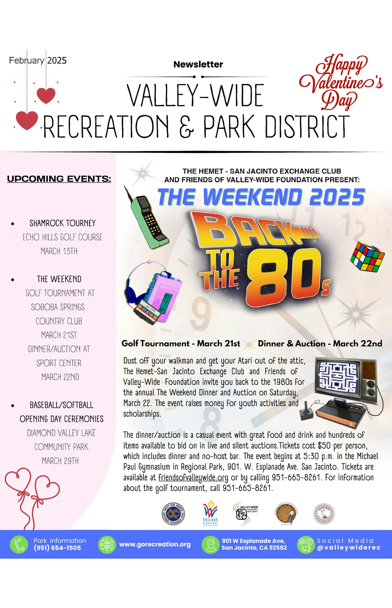 February 2025 newsletter for Valley-Wide Recreation includes events like Shamrock Tourney, a 1980s-themed weekend, and specifics on dinner/auction.