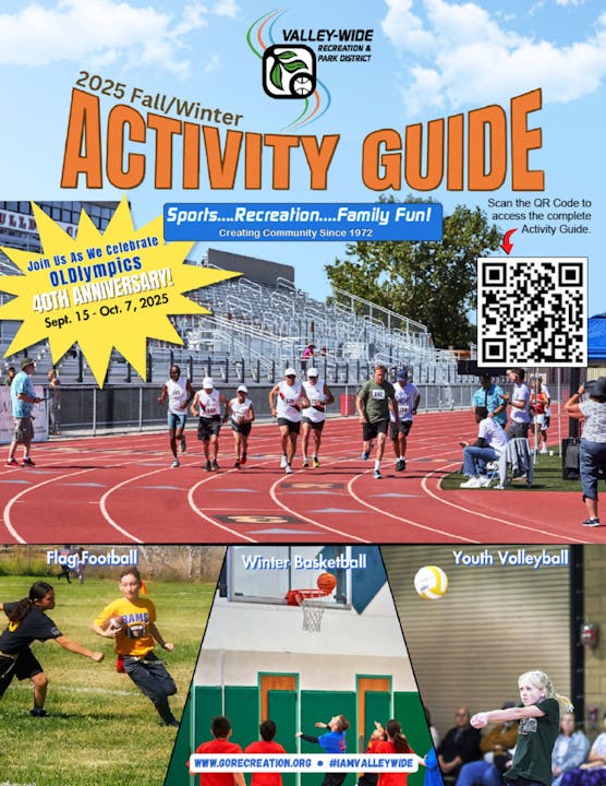 2025 Fall/Winter Activity Guide cover featuring sports and recreation events, including flag football, basketball, and volleyball.