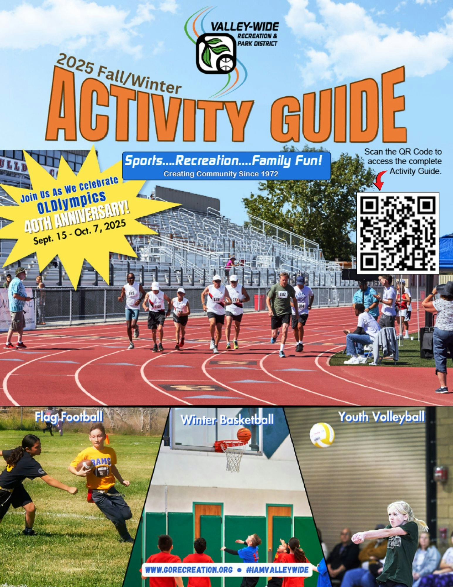 2025 Fall/Winter Activity Guide cover featuring sports and recreation events, including flag football, basketball, and volleyball.