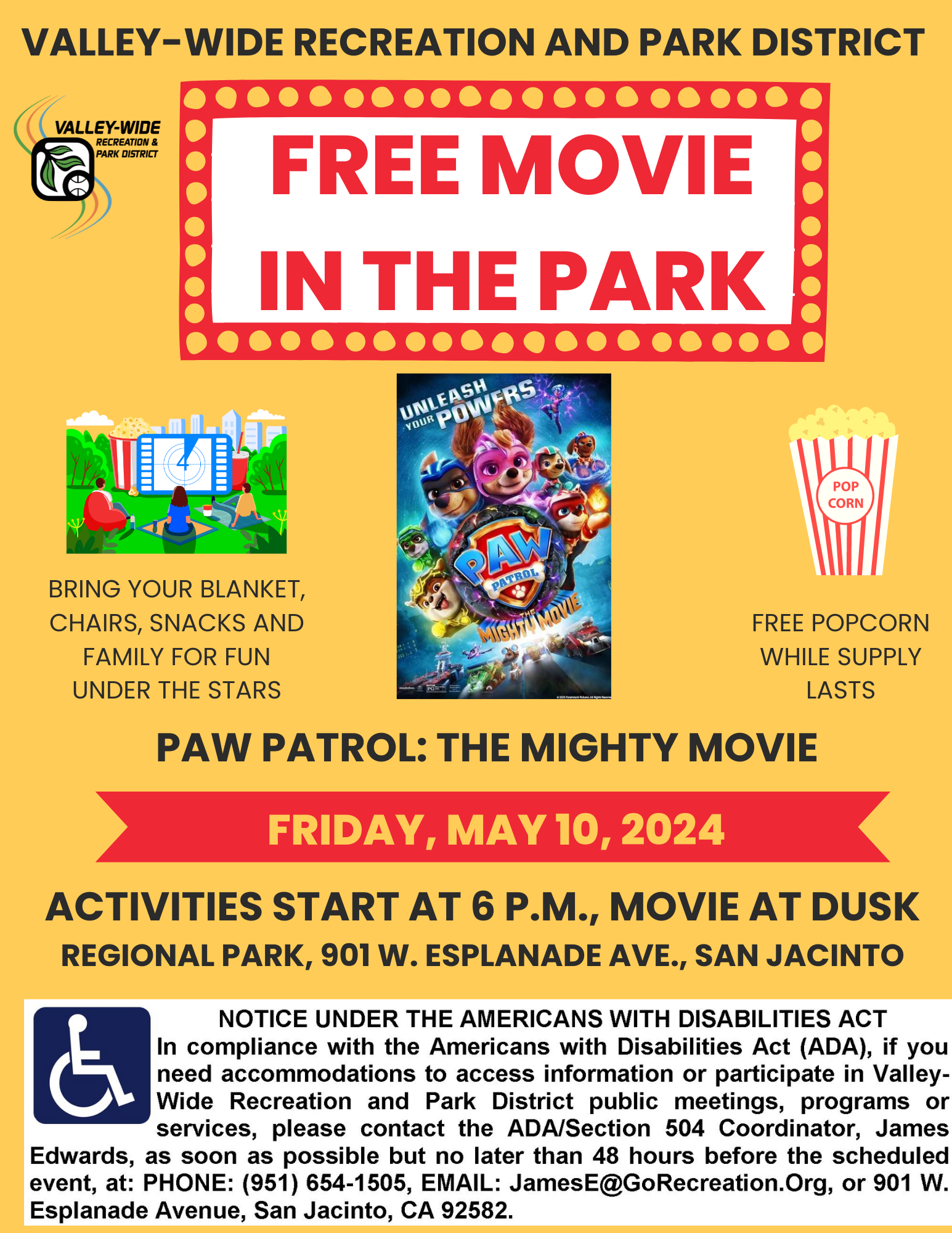 Outdoor movie event with "Paw Patrol: The Mighty Movie," blankets and snacks encouraged, free popcorn available. Event on May 10, 2024.
