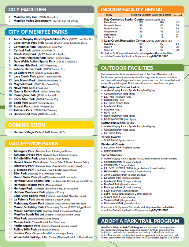 An image of a list of city facilities, parks, indoor/outdoor facility rentals, and adopt-a-park/trail program details.