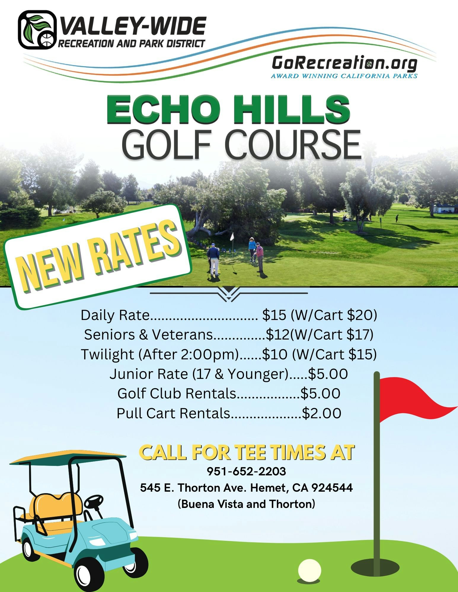 Echo Hills Golf Course rates and contact info for tee times in Hemet, CA. Includes daily, senior, veteran, and junior rates, plus rentals.