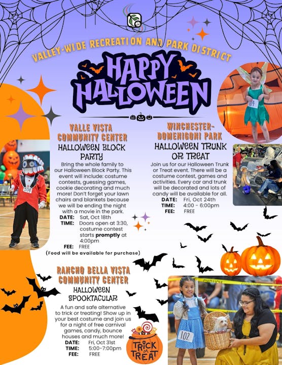 Halloween events flyer with dates, times, and activities for three community events, featuring images of kids in costumes.